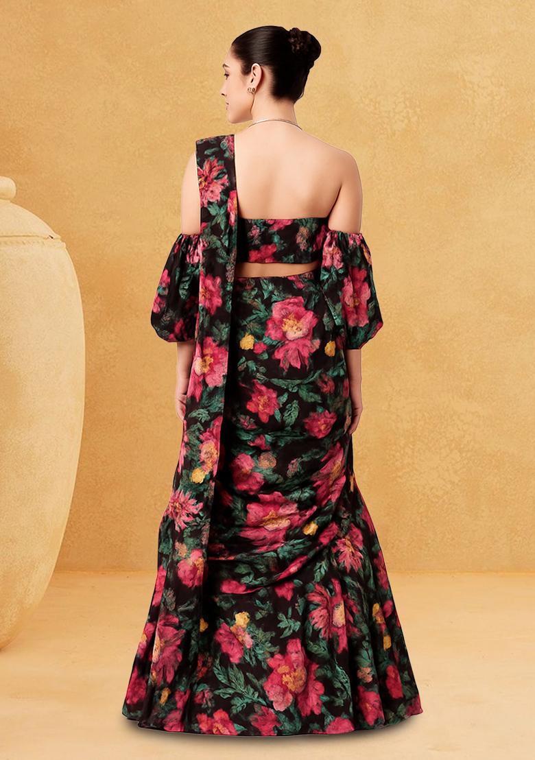 Black Floral Print Satin Lehenga Set - Indya