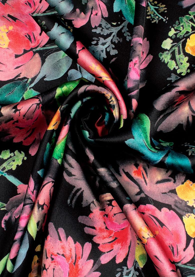 Black Floral Print Satin Lehenga Set