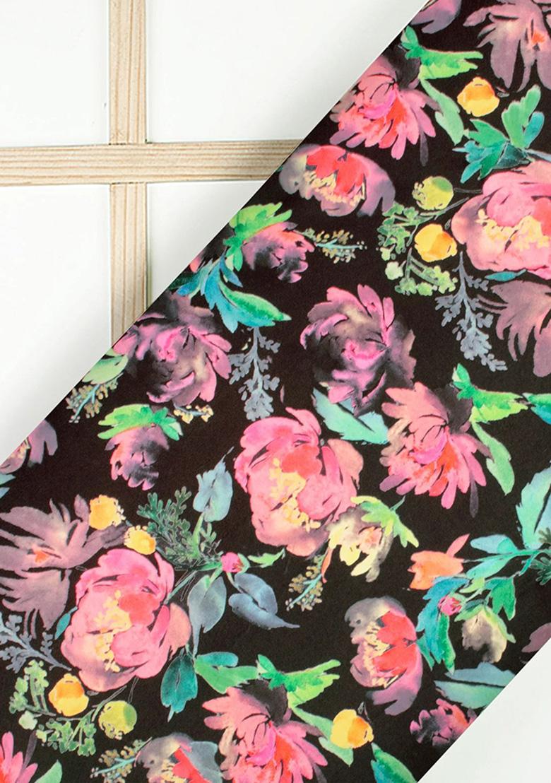 Black Floral Print Satin Lehenga Set - Indya