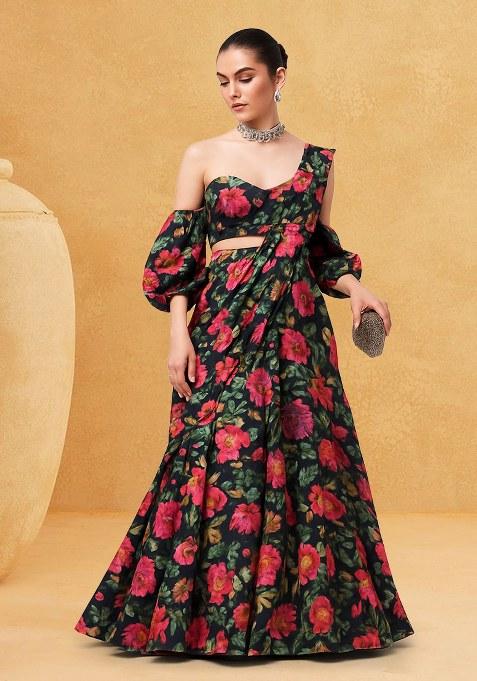 Black Floral Print Satin Lehenga Set