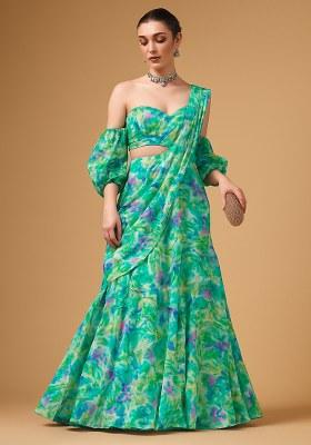 Multi Color Floral Print Satin Lehenga Set