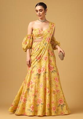 Yellow Floral Print Chiffon Lehenga Set