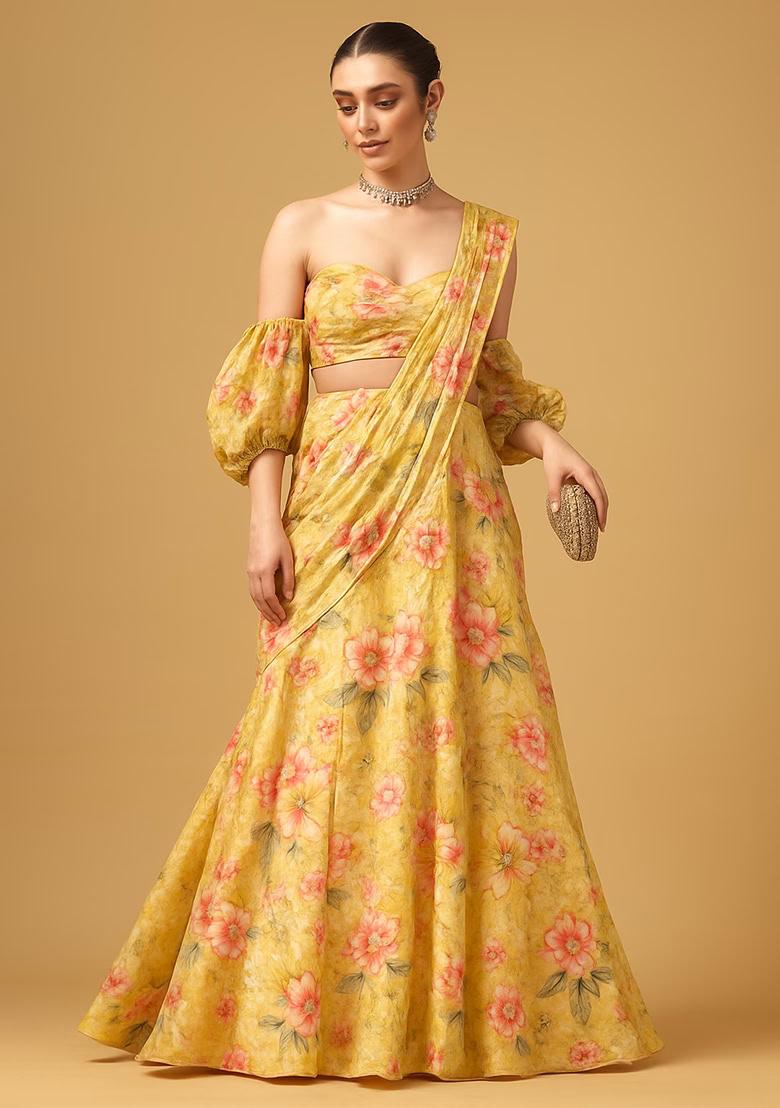 Yellow Floral Print Chiffon Lehenga Set