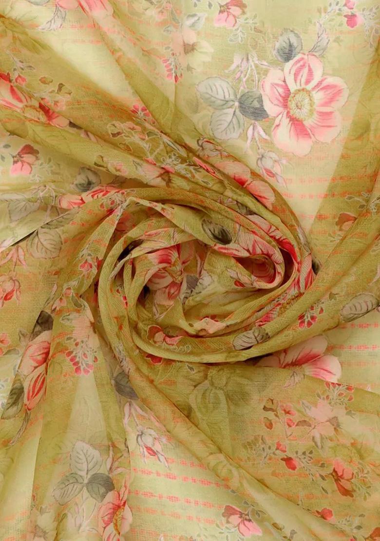 Yellow Floral Print Chiffon Lehenga Set