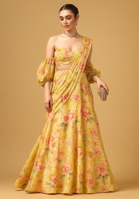 Yellow Floral Print Chiffon Lehenga Set