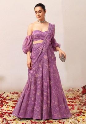Purple Floral Print Chiffon Lehenga Set