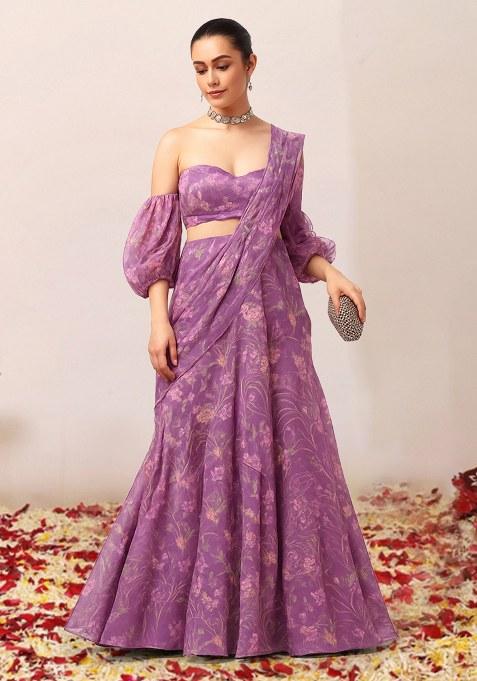 Purple Floral Print Chiffon Lehenga Set