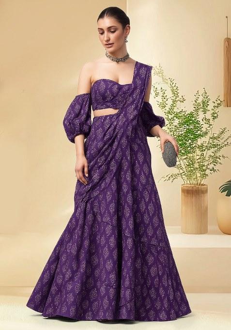 Purple Bandhani Print Chanderi Lehenga Set