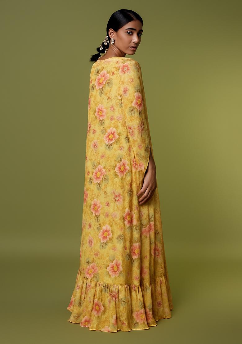 Yellow Floral Print Chiffon Lehenga Set - Indya