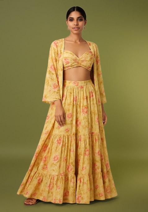 Yellow Floral Print Chiffon Lehenga Set