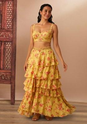 Yellow Floral Print Chiffon Lehenga Set