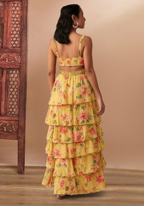 Yellow Floral Print Chiffon Lehenga Set