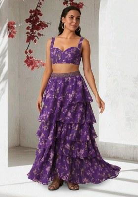 Purple Floral Print Chiffon Lehenga Set