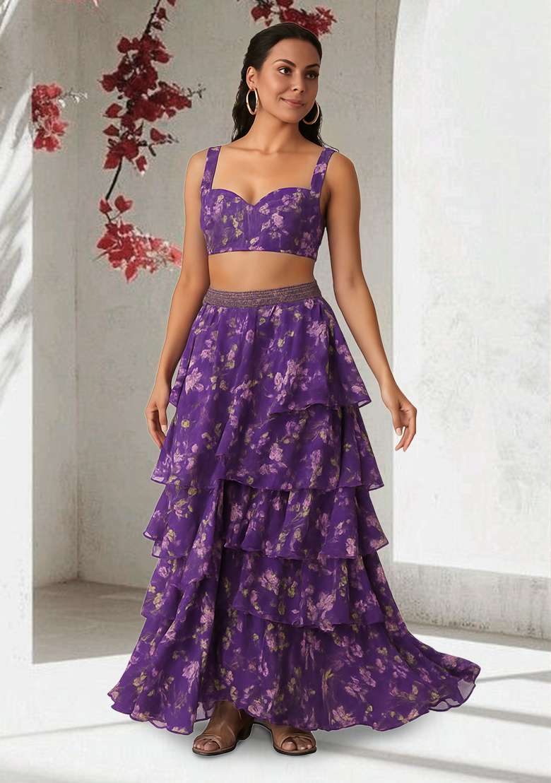 Purple Chiffon Lehenga Set with Floral Print for Diwali | Wedding & Festive Wear - Indya