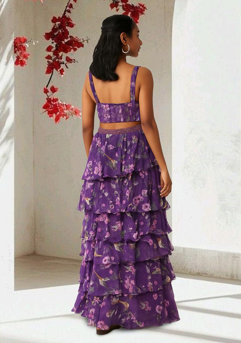 Purple Floral Print Chiffon Lehenga Set - Indya