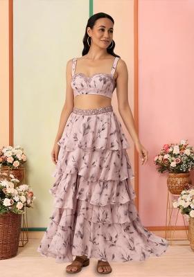 Pink Floral Print Satin Lehenga Set