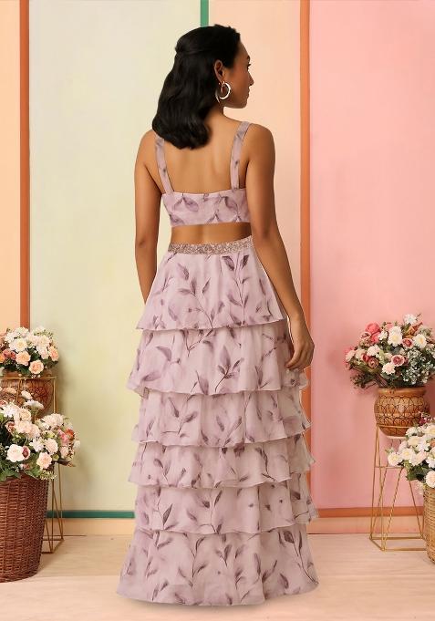 Pink Floral Print Satin Lehenga Set