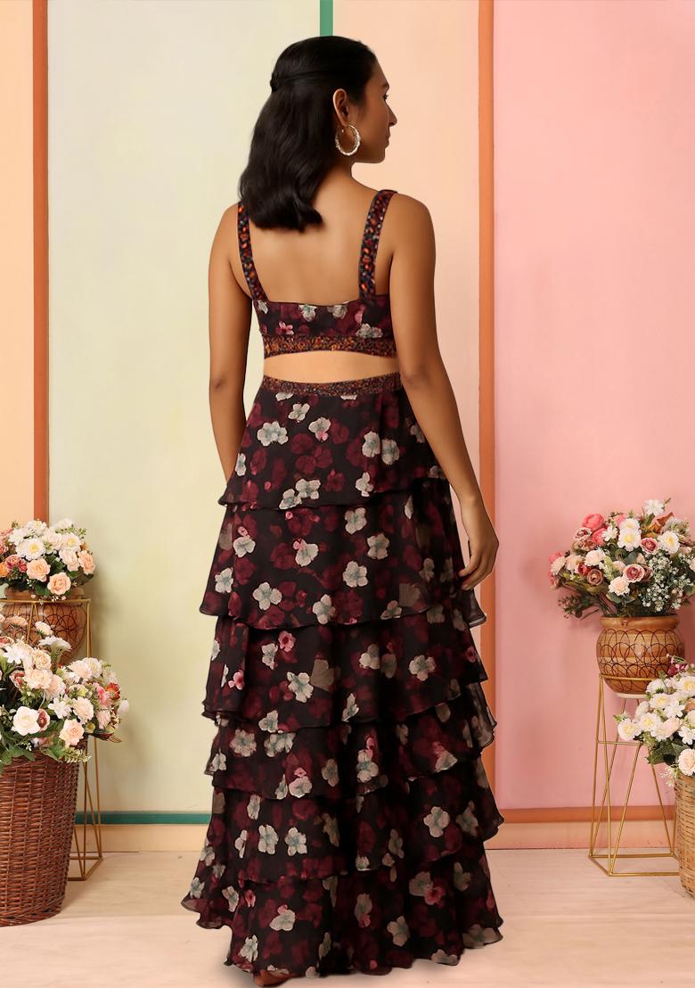 Maroon Floral Print Satin Lehenga Set - Indya