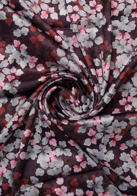 Maroon Floral Print Satin Lehenga Set