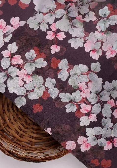 Maroon Floral Print Satin Lehenga Set