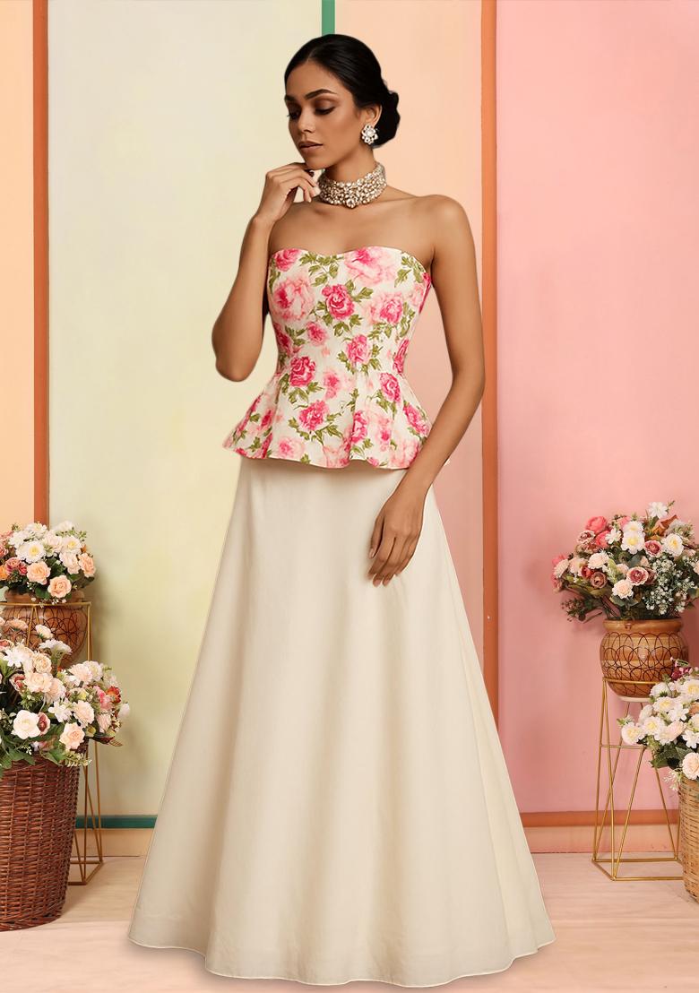 Multi Color Floral Print Satin Lehenga Set