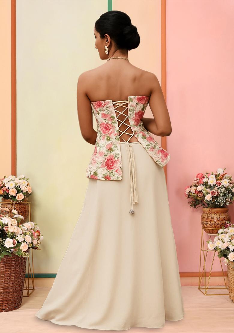 Multi Color Floral Print Satin Lehenga Set