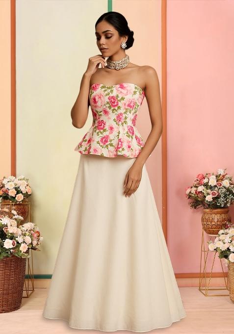 Multi Color Floral Print Satin Lehenga Set