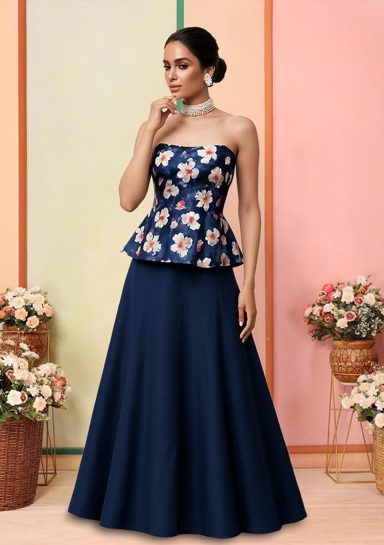 Navy Blue Floral Print Satin Lehenga Set