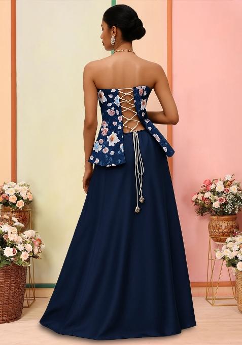 Navy Blue Floral Print Satin Lehenga Set