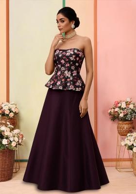 Maroon Floral Print Satin Lehenga Set