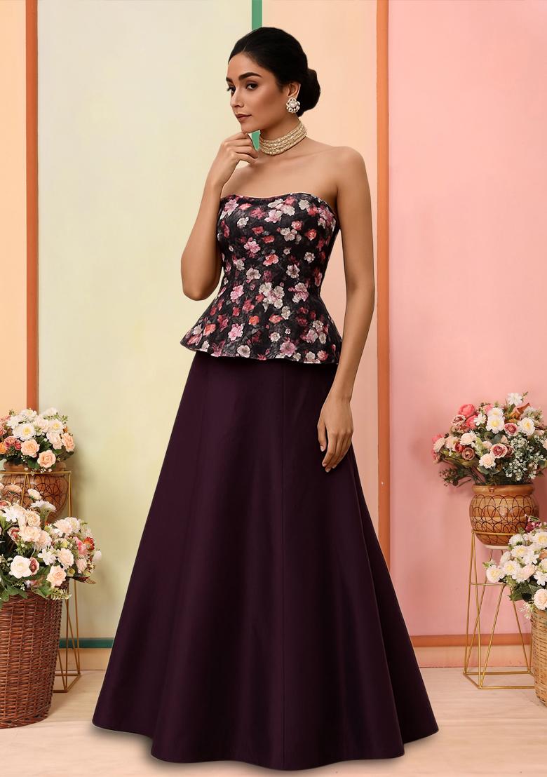 Maroon Floral Print Satin Lehenga Set