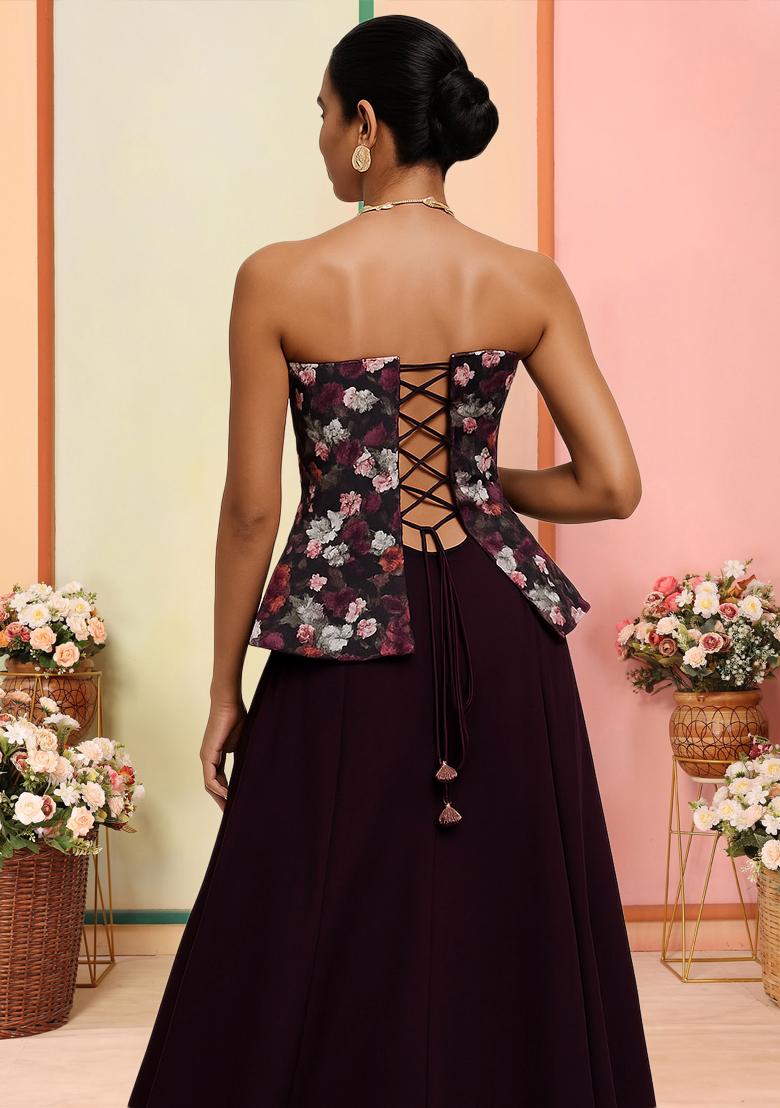 Maroon Floral Print Satin Lehenga Set - Indya