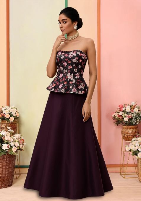 Maroon Floral Print Satin Lehenga Set