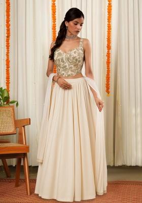 Cream Floral Print Viscose Lehenga Set