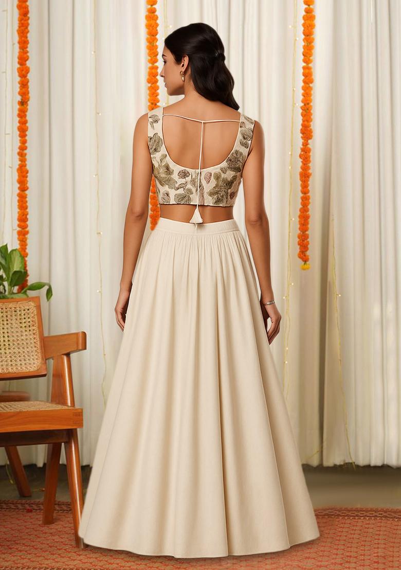 Cream Floral Print Viscose Lehenga Set - Indya