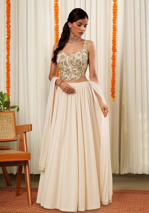 Cream Floral Print Viscose Lehenga Set