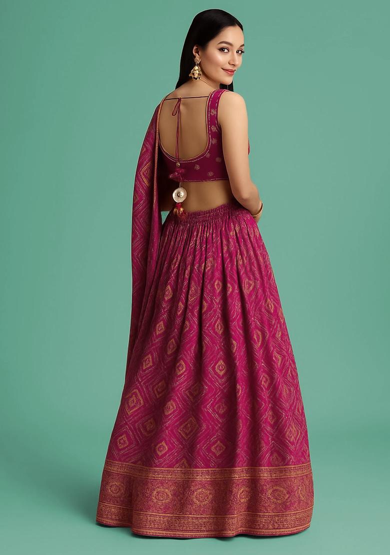 Pink Emroidered Brocade Lehenga Set - Indya