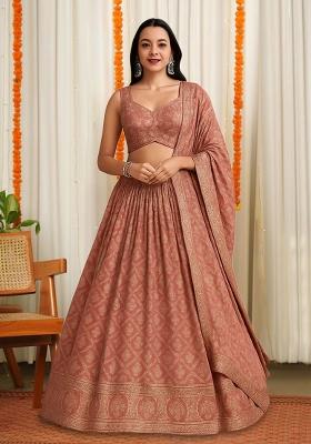 Peach Embroidered Brocade Lehenga Set