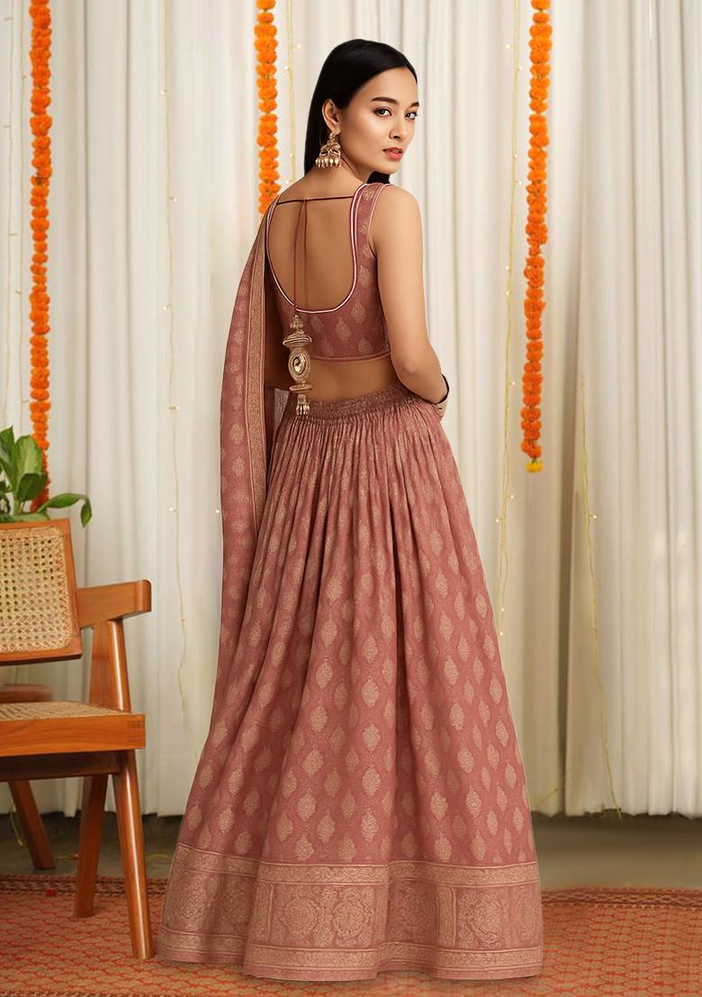 Peach Embroidered Brocade Lehenga Set - Indya