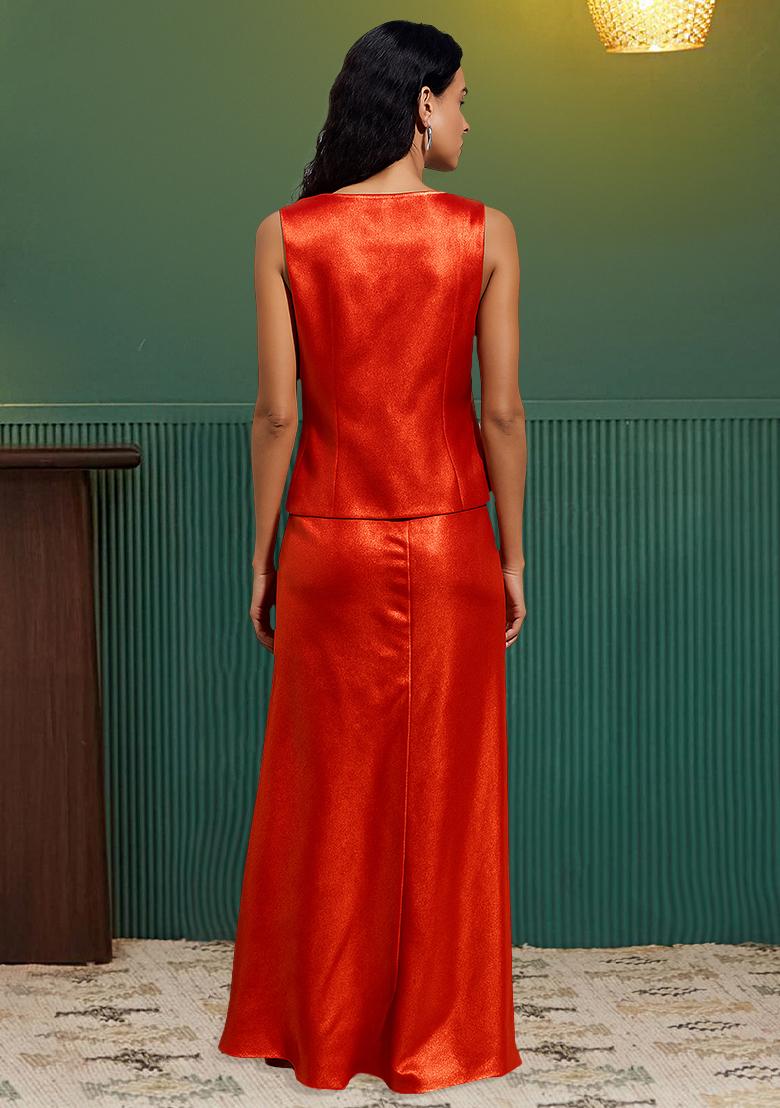 Red Foil Print Satin Fusion Set - Indya