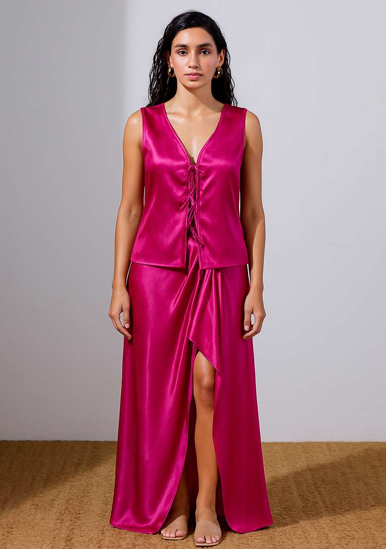Pink Satin Fusion Set with Foil Print for Diwali | Wedding & Festive Wear - Indya
