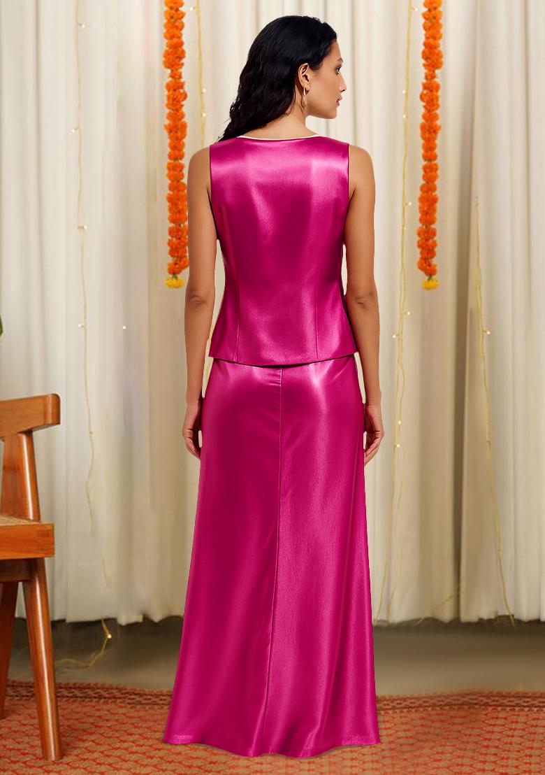 Pink Foil Print Satin Fusion Set - Indya
