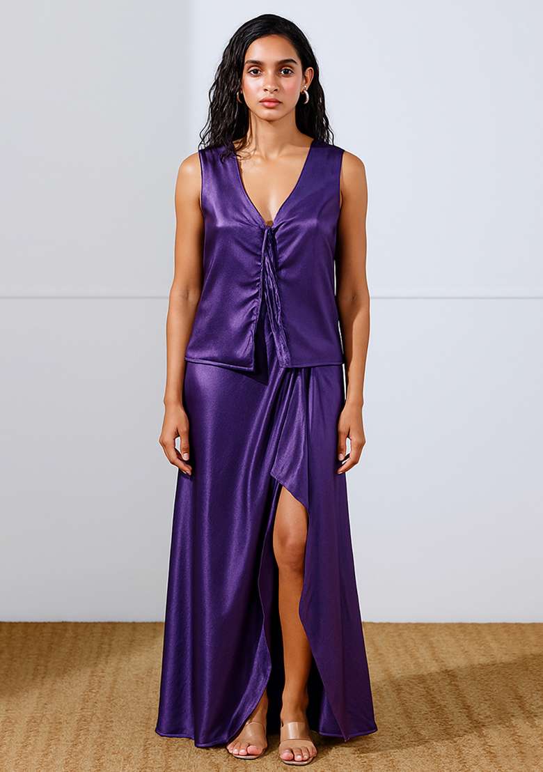 Purple Foil Print Satin Fusion Set for Diwali and Festive Wear - Indya