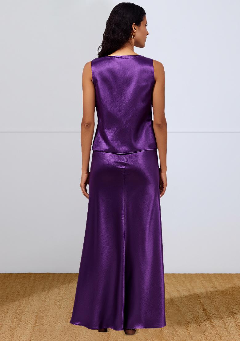 Purple Foil Print Satin Fusion Set - Indya