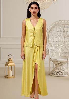 Yellow Foil Print Satin Fusion Set
