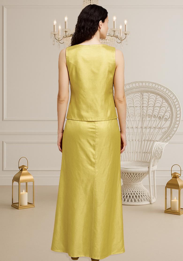 Yellow Foil Print Satin Fusion Set - Indya