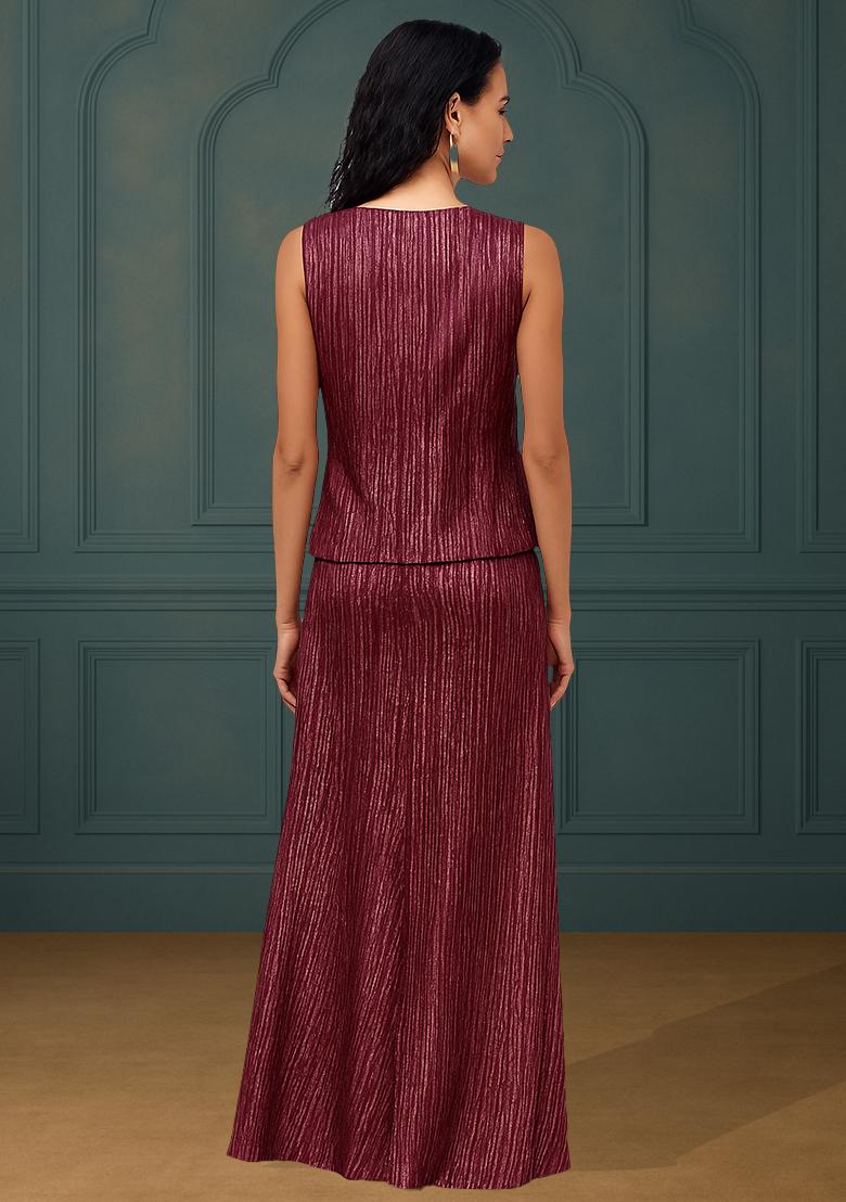 Maroon Foil Print Satin Fusion Set - Indya