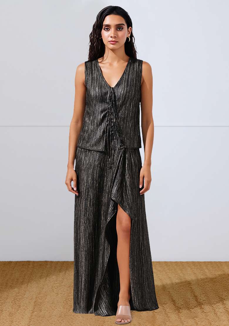 Black Foil Print Satin Fusion Set - Indya