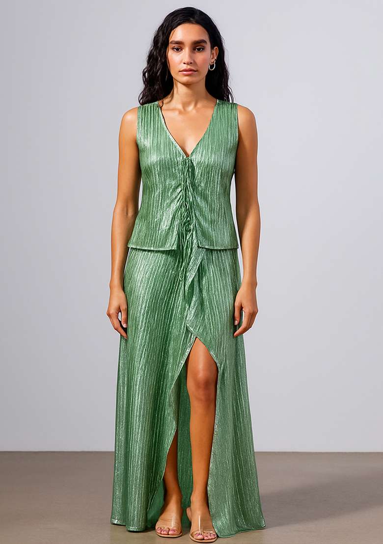 Green Foil Print Satin Fusion Set - Indya