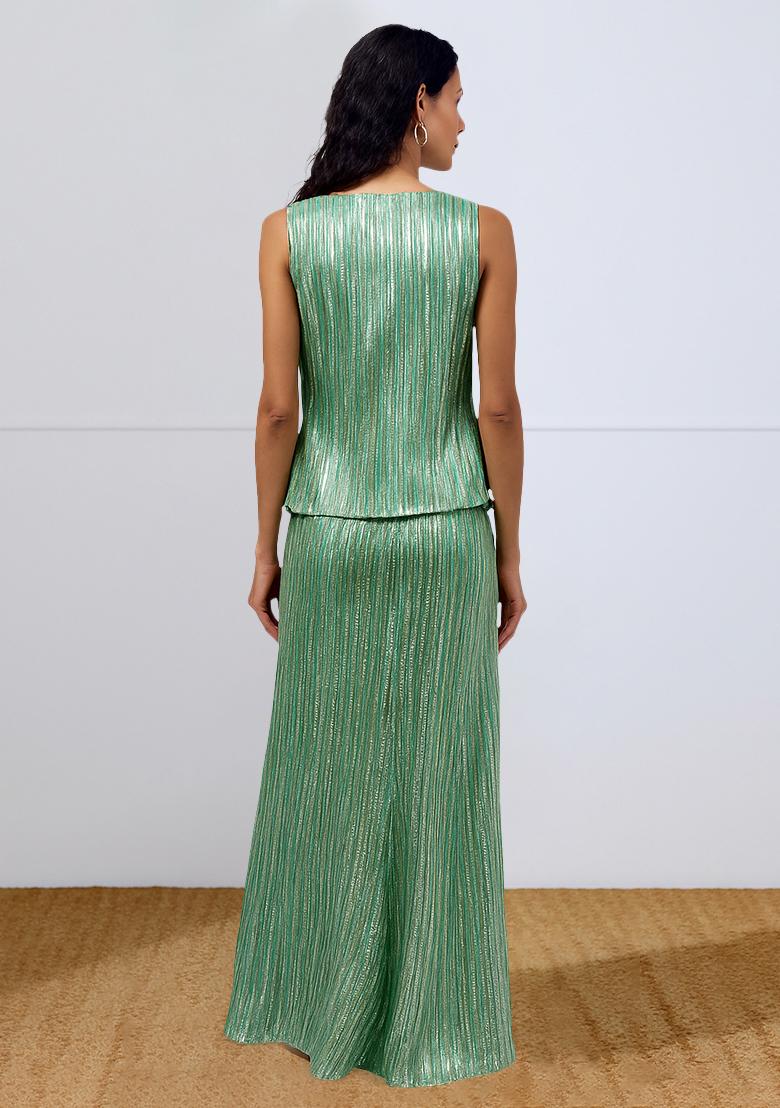 Green Foil Print Satin Fusion Set - Indya